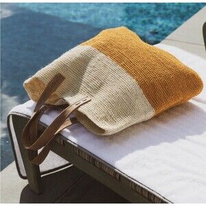 Kassatex Yellow and Cream Knit Straw Tote with Brown Leather Handles